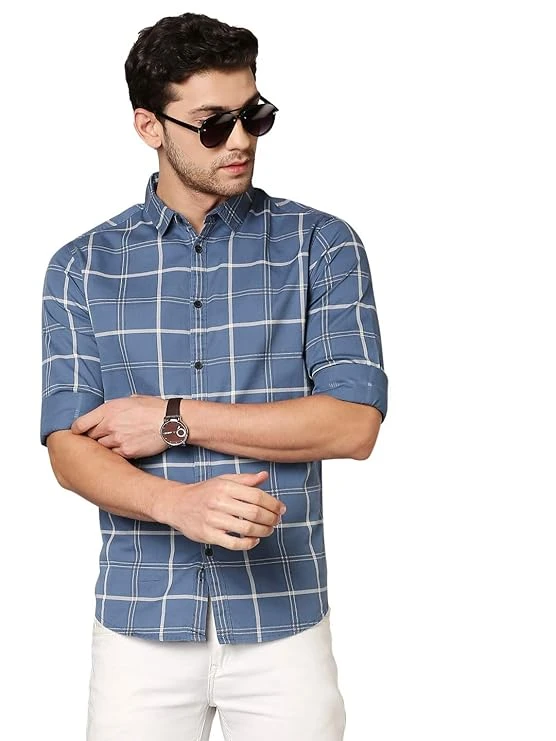 "Dennis Lingo blue checkered slim fit casual shirt"